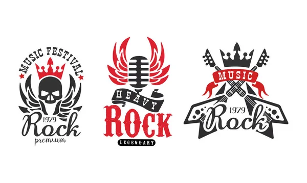 Rock Premium Logo Templates Set, Festival di musica leggendaria Retro Labels Vector Illustration — Vettoriale Stock