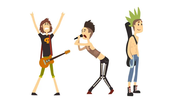 헤비 락 뮤지션 , Funny Rock Stars Characters, Rock Band Performing on Festival Cartoon Style Vector Illustration — 스톡 벡터