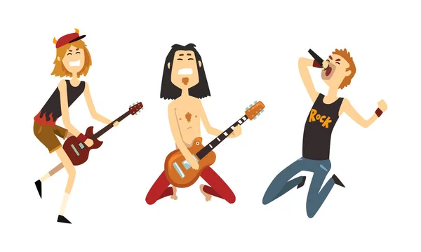 Roliga Rock musiker Karaktärer som spelar elgitarrer och sång, Rock Band framträder på Festival Cartoon Style Vector Illustration — Stock vektor