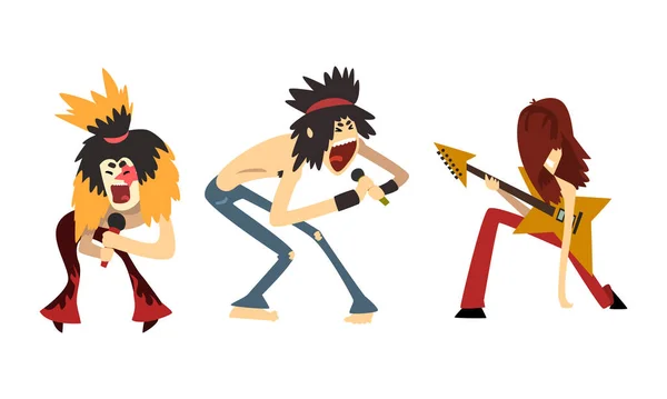 Músicos de rock, personagens de estrelas de rock tocando guitarras elétricas e cantando, banda de rock realizando no Festival Cartoon Style Vector Illustration — Vetor de Stock