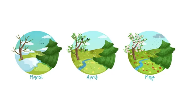 全年三个月集，春季季节自然景观设计，三月、四月、五月病媒图解 — 图库矢量图片