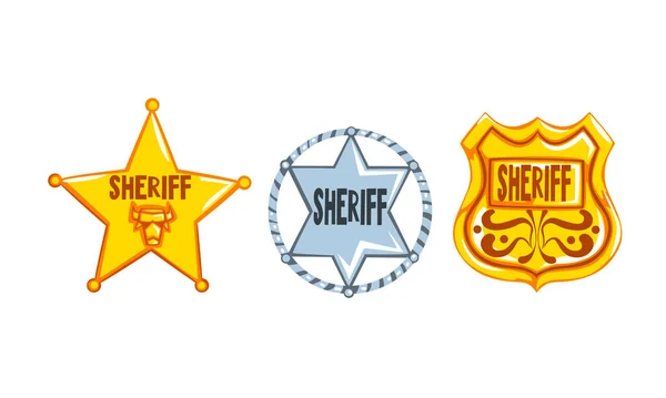 Sheriff Badges Set, Silver och gyllene polisskyltar Tecknad stil vektor Illustration — Stock vektor