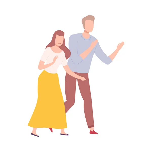 Jeune homme et jeune femme parlant les uns aux autres et gestualisant l'illustration vectorielle de style plat — Image vectorielle