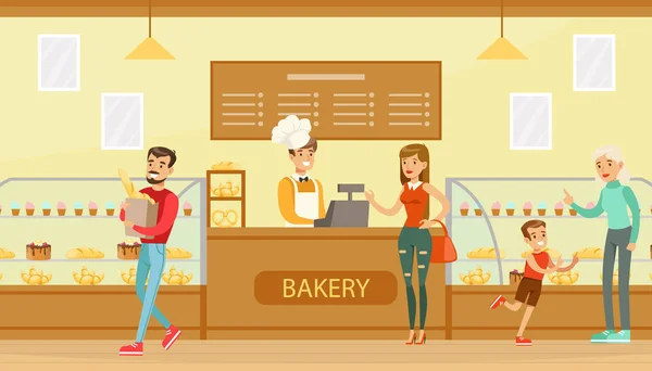 Personas que eligen postres y compran café en la tienda de panadería, vendedor masculino que sirve a clientes en confitería Vector Illustration — Vector de stock