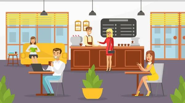 People Relaxing in Cafe Shop, Αρσενικό Barista Serving Πελάτες στο Counter Vector Εικονογράφηση — Διανυσματικό Αρχείο