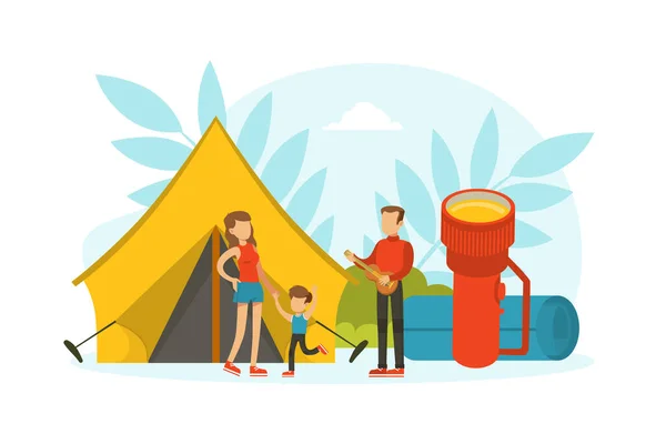 Piccoli turisti personaggi che hanno campeggio viaggio, Enormi elementi escursionistici, coppia di famiglie che va in vacanza Vector Illustrazione — Vettoriale Stock