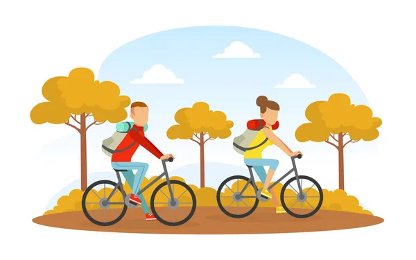 Bicicletas de equitação de casal no Parque de Outono, Atividades ao ar livre Conceito Vector Ilustração —  Vetores de Stock