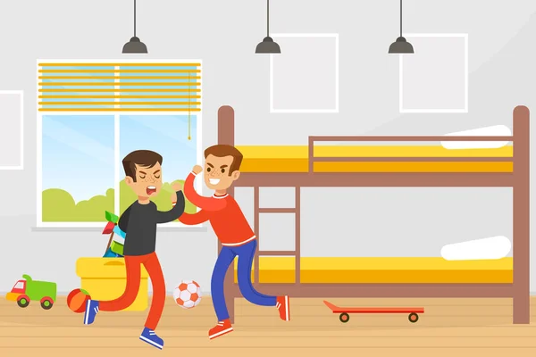 Two Boys Fighting in Room, Disagreement between Brothers, Violence and Aggression between Children Concept Vector Illustration — Stock Vector