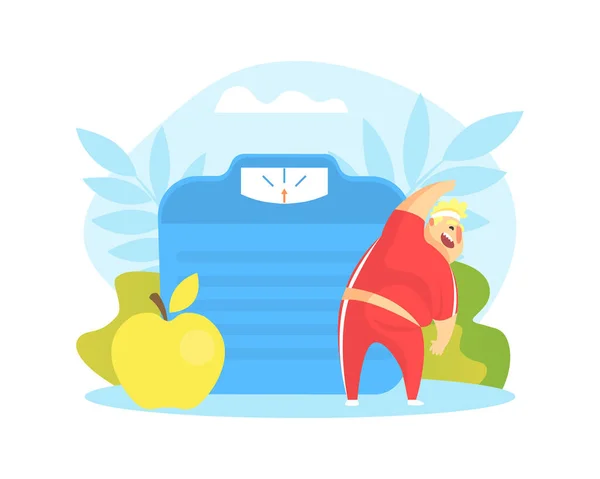 Tiny Chubby Man Doing Sport Exercise, Huge Scales and Healthy Food, Overweight Man Character Doing Workout Vector Illustration — стоковий вектор