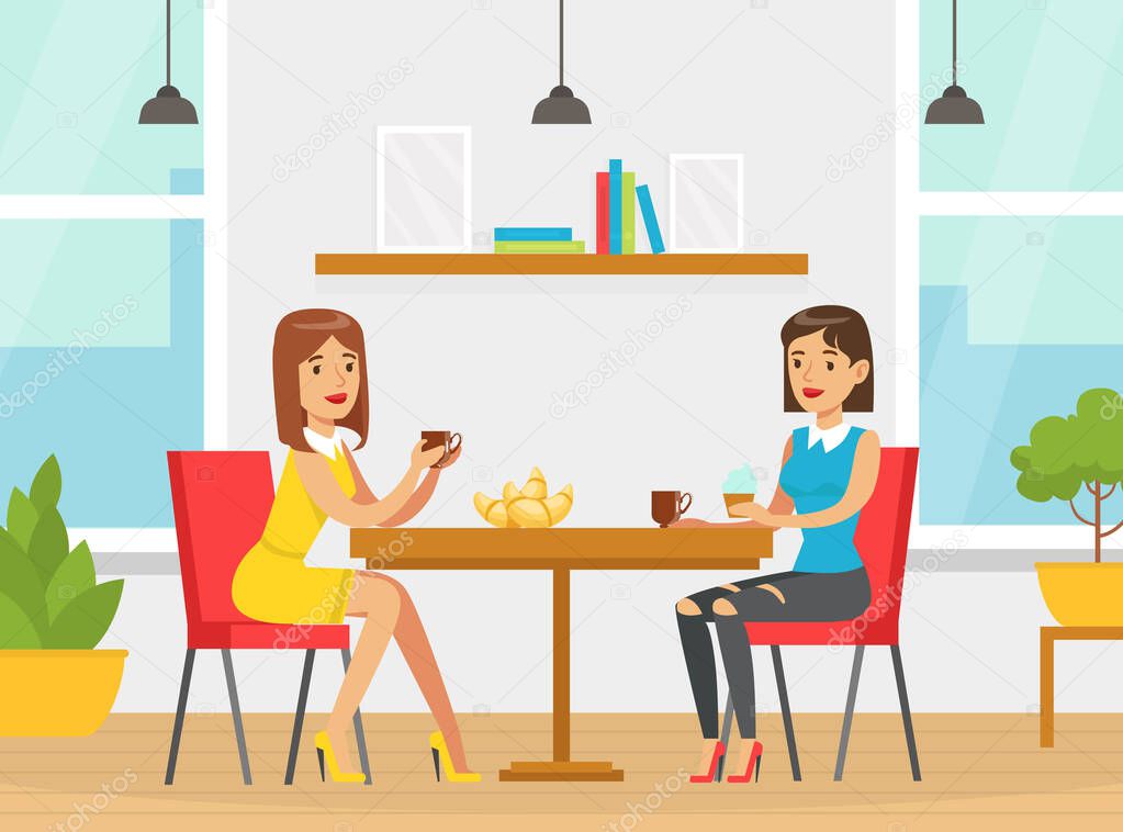 Two Young Women Sitting at Table and Drinking Coffee with Croissants and Cupcakes Vector Illustration