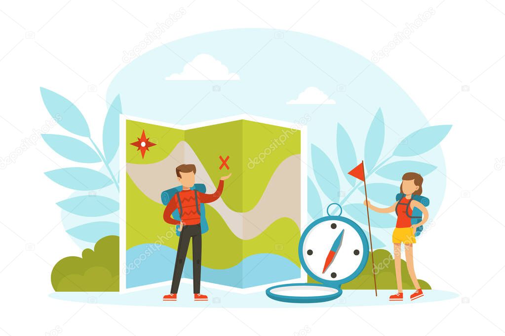 Tiny Tourists Characters with Huge Travel Camping and Hiking Elements, Family Couple Going on Vacation Cartoon Vector Illustration