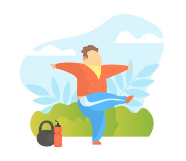 Tombul Adam dışarıda spor yapıyor, Kilolu Adam Park Vector Illustration 'da egzersiz yapıyor.