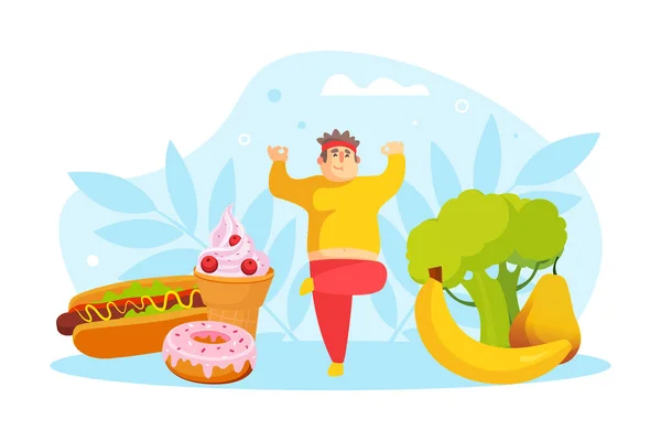 Minuscule homme joufflu faisant de l'exercice de yoga, l'homme en surpoids caractère équilibre entre les aliments sains et malsains Illustration vectorielle — Image vectorielle