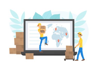 Erkek İşçiler Paket Kutularını Bilgisayar Ekranı, Dünya çapında Teslimat Servisi, E-Ticaret Kavramsal Vektör Resimleri ile Taşıyorlar