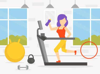 Spor salonunda koşu bandında koşan genç kadın, aktif sağlıklı yaşam tarzı, kapalı alanda spor konsepti illüstrasyonu