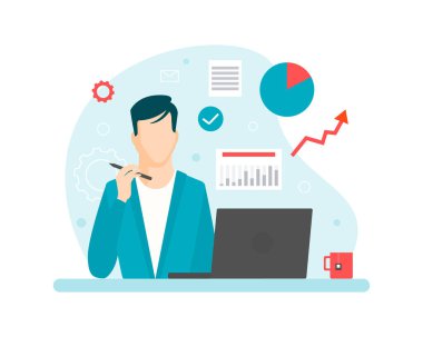 Ofis masasında çalışan işadamı, Ofis İşyeri Vektör İllüstrasyonunda dizüstü bilgisayarının önündeki masada oturan adam.