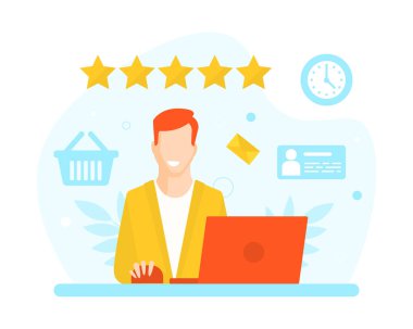 Çalışma masasında çalışan işadamı, Ofis çalışanı Karakteri Ofis İşyeri Vektör İllüstrasyonunda dizüstü bilgisayarın önündeki masada oturan kişi