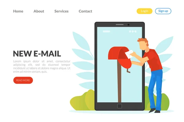 Nieuw E-mail Landing Page Template, Man Checking Mailbox op Smartphone Screen, E-mail Bericht Concept Vector Illustratie — Stockvector