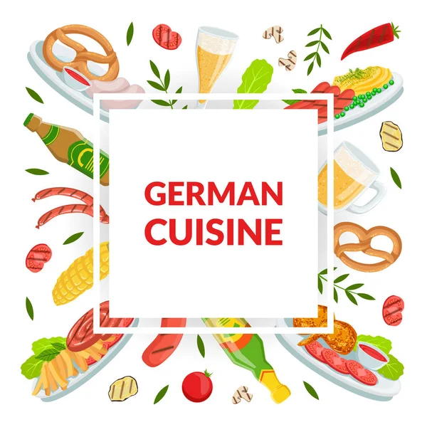 德国烹饪旗帜模板，Oktoberfest啤酒节，传统德国食品无缝图案病媒图解 — 图库矢量图片