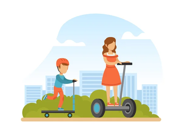 Mamá y su hijo a caballo Hoverboards en el parque de verano, Eco concepto de transporte eléctrico Dibujos animados Vector Ilustración — Archivo Imágenes Vectoriales