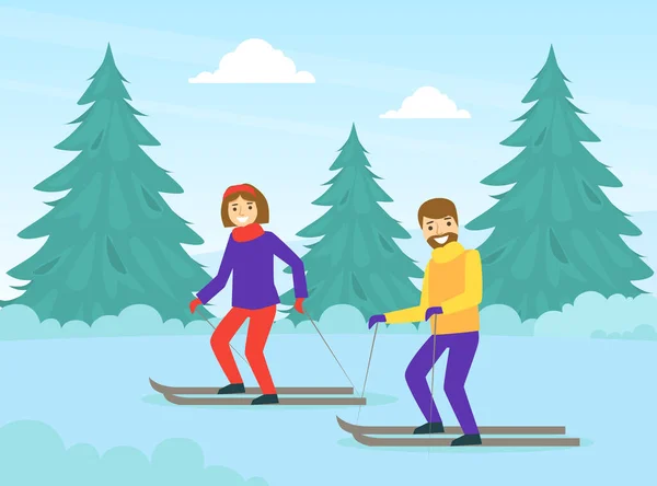 Пара одетая в теплое катание на лыжах в зимний пейзаж, активный отдых во время зимних праздников Векторная иллюстрация — стоковый вектор