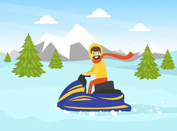 Man Riding Snowmobile na paisagem de inverno, atividade ao ar livre durante as férias de inverno ilustração do vetor dos desenhos animados — Vetor de Stock