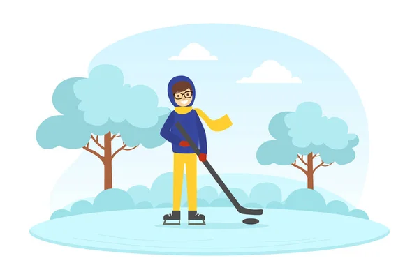 Junge in warmer Kleidung spielt Hockey in der Winterlandschaft, Outdoor-Aktivitäten während der Winterferien Vektor Illustration — Stockvektor