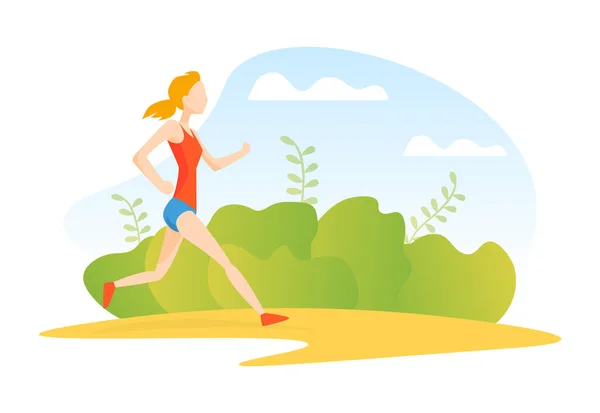 Ung kvinna jogga eller springa i parken, flicka klädd i Sportswear att delta i idrottstävling, utomhus morgon träning, hälsosam aktiv livsstil vektor illustration — Stock vektor