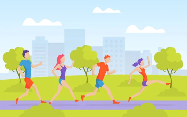 公園を走る若い男と女、スポーツウェアを着た人々スポーツ大会やマラソンに参加する、屋外での朝のワークアウトベクトルイラスト — ストックベクタ