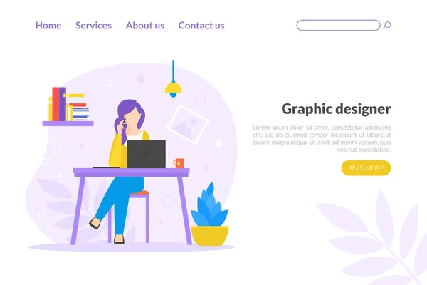 Diseñador Gráfico Plantilla de Landing Page, Mujer Freelancer Trabajando en Línea, Desarrollo de Sitios Web, Branding Profesional Vector Illustration — Archivo Imágenes Vectoriales