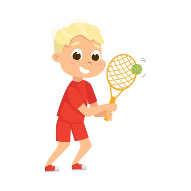 Fiziksel Kültür Vektörü İllüstrasyonunda Tenis Oynayan Yakışıklı Çocuk