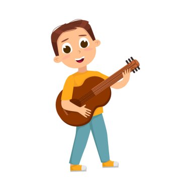 Müzik Dersi Vektör İllüstrasyonunda Gitar Çalan Yakışıklı Çocuk