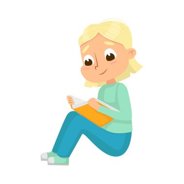 Meraklı Kız Oturma ve Okuma Kitap Vektörü İllüzyonu