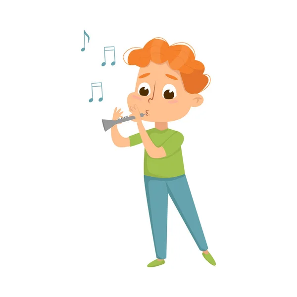 Illustration vectorielle de flûte drôle de garçon debout et jouant — Image vectorielle