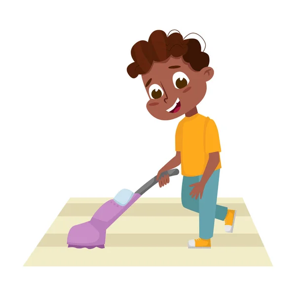 Smiling Boy Vacuum Cleaning Carpet or Rug Vector Illustration - Stok Vektor