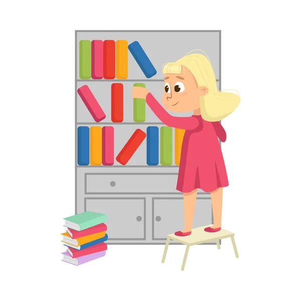 Liten flicka Att sätta böcker på Bokhylla eller bokhylla Vektor Illustration — Stock vektor