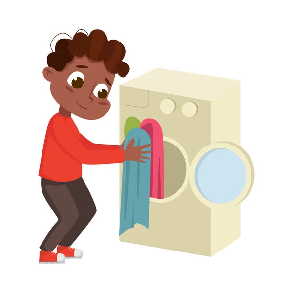 Little Boy doing Laundry in Washing Machine Vector Illustration - Stok Vektor