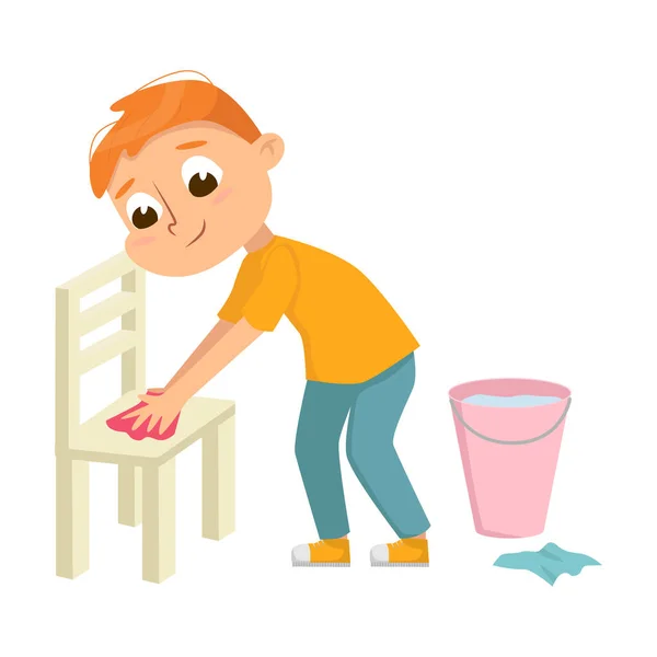 Cute Big-eyed Boy Cleaning the Chair with Wet Cloth Vector Illustration - Stok Vektor