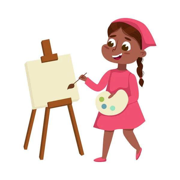 Schattig meisje schilderen op tekening Easel studeren kunst onderwerp vector illustratie — Stockvector