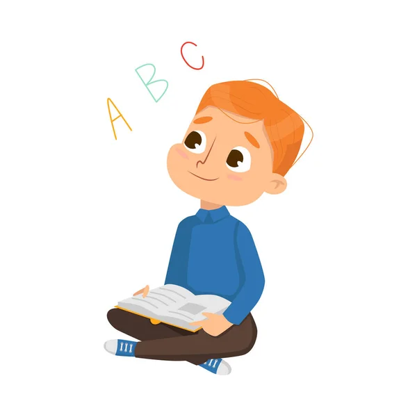 Menino sentado com o livro Aprendendo alfabeto Letras Ilustração vetorial — Vetor de Stock