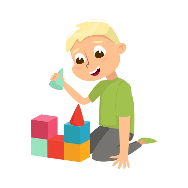 Liten pojke sitter och lär sig geometriska figurer vektor Illustration — Stock vektor