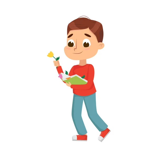 Περίεργος Boy Holding Book με Herbarium Vector Illustration — Διανυσματικό Αρχείο