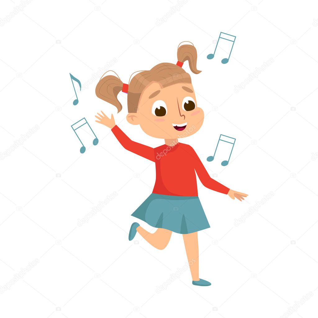 Little Girl Dancing and Singing to Music Vector Illustration