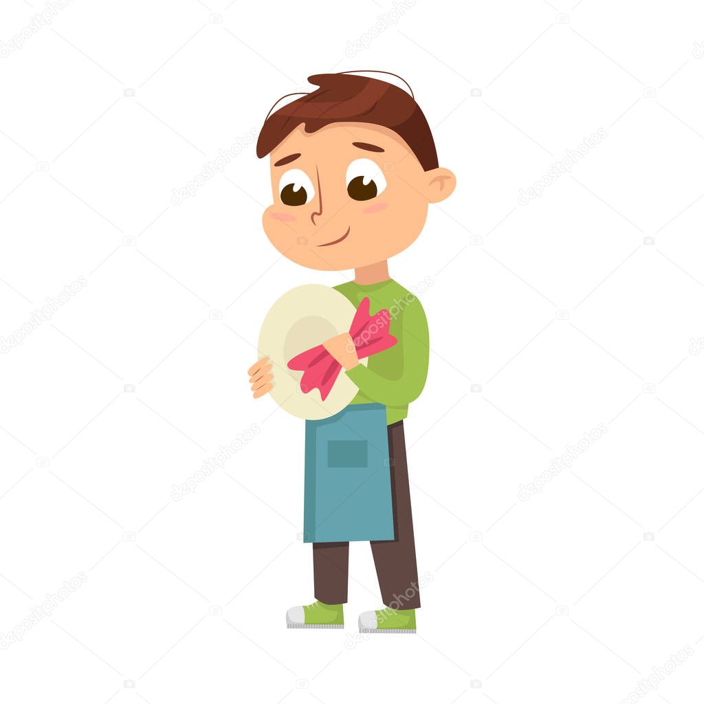 Little Big-eyed Boy Drying Washed Dishes with Cloth Vector Illustration
