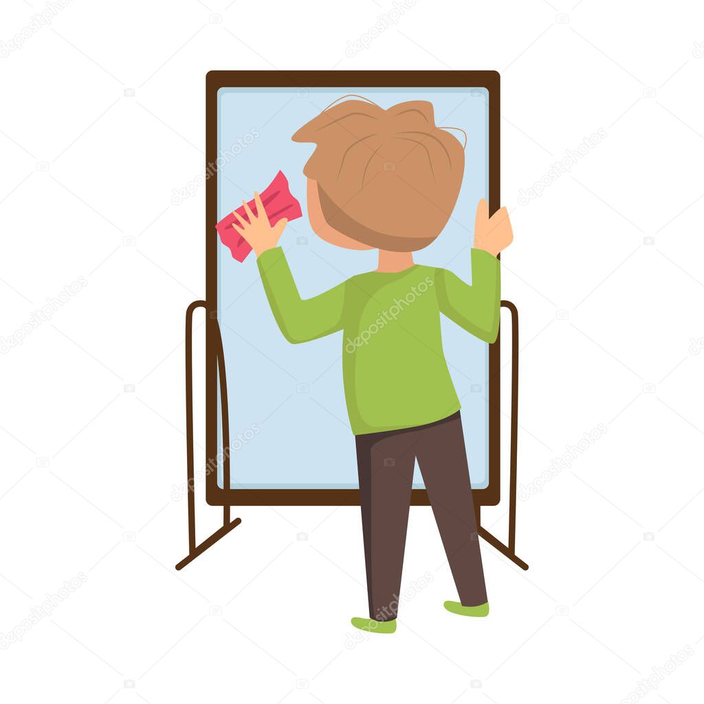 Little Boy Rubbing Glass Mirror with Sponge Vector Illustration