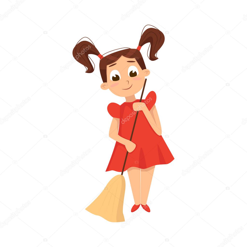 Little Girl Sweeping the Floor with Broom Vector Illustration