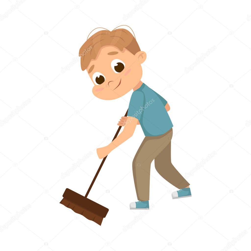 Little Boy Sweeping the Floor with Broom Vector Illustration