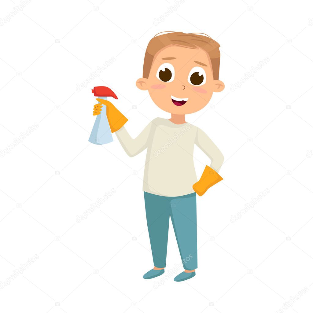 Big-eyed Boy Standing in Gloves and Household Detergent Vector Illustration