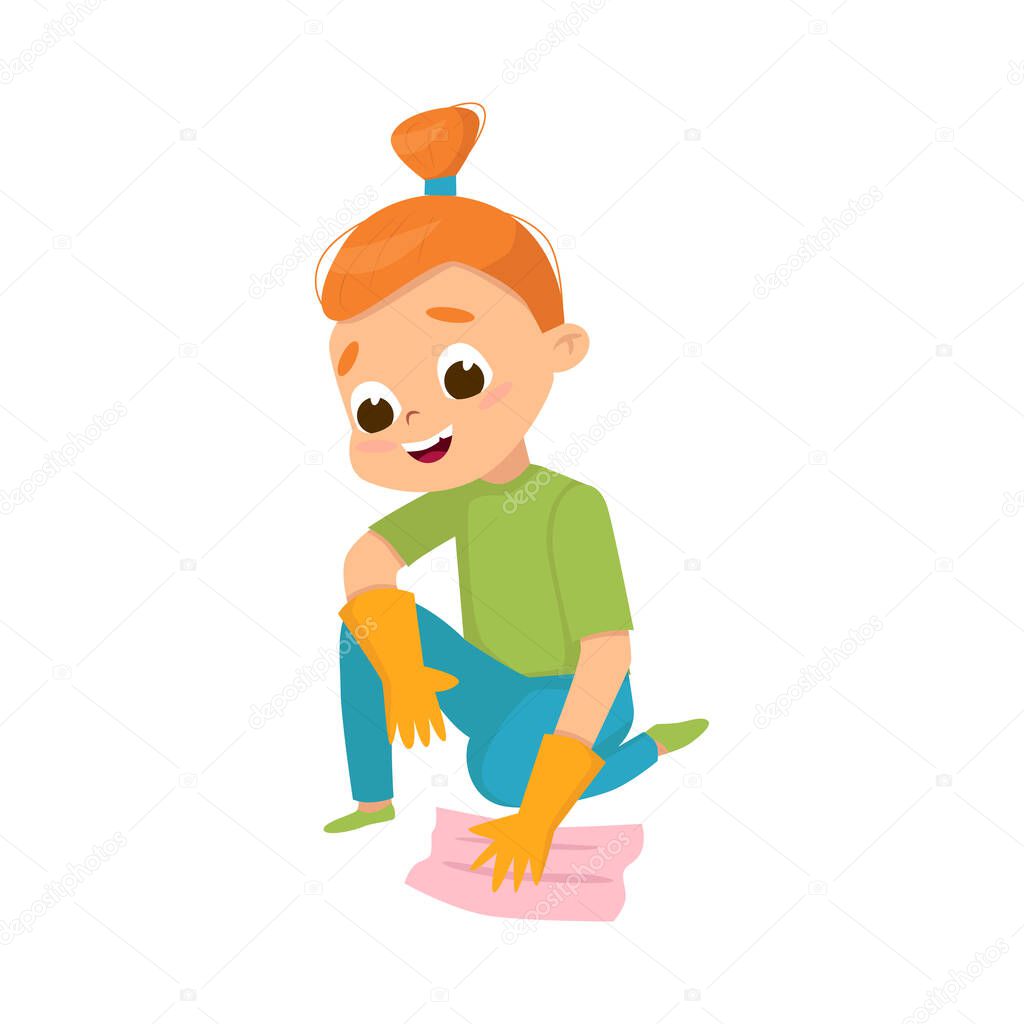 Cute Big-eyed Girl Cleaning the Floor with Wet Cloth Vector Illustration