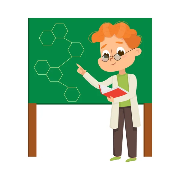 ( 영어 ) Cute Boy in Laboratory Coat at Blackboard Exculoign Molecular Formula Vector Illustration — 스톡 벡터